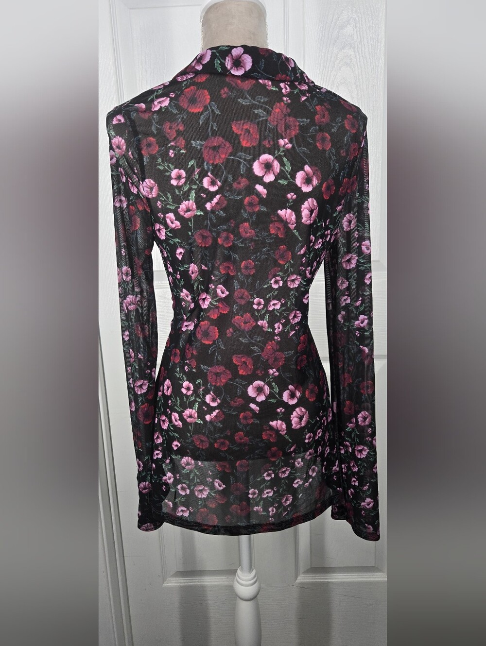 Free People Lucky Shirtee Black Bloom Floral Mesh Ruched Button Front M - Picture 7 of 14